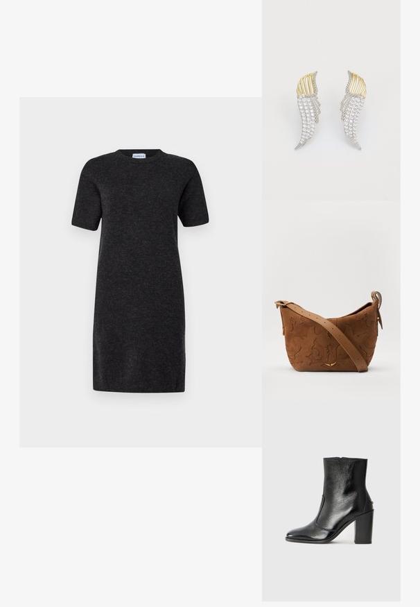 Rochie cu mânecă scurtă, de culoare gri închis, dintr-un material moale. Decolteu rotund simplu, croială dreaptă, până la genunchi, cu detalii minime.; Botină din piele neagră, cu o textură netedă, vârf ascuțit și toc gros, înalt. Dispune de o deschidere laterală și un design minimalist.; Geantă de umăr din suede maro cu un design floral embosat, completată de o curea din piele maro netedă și accente din metal auriu.; Două cercei în formă de aripi, fabricati din metal de culoare argintie cu strassuri rotunde, clare, și accente din metal de culoare aurie într-un design stratificat.