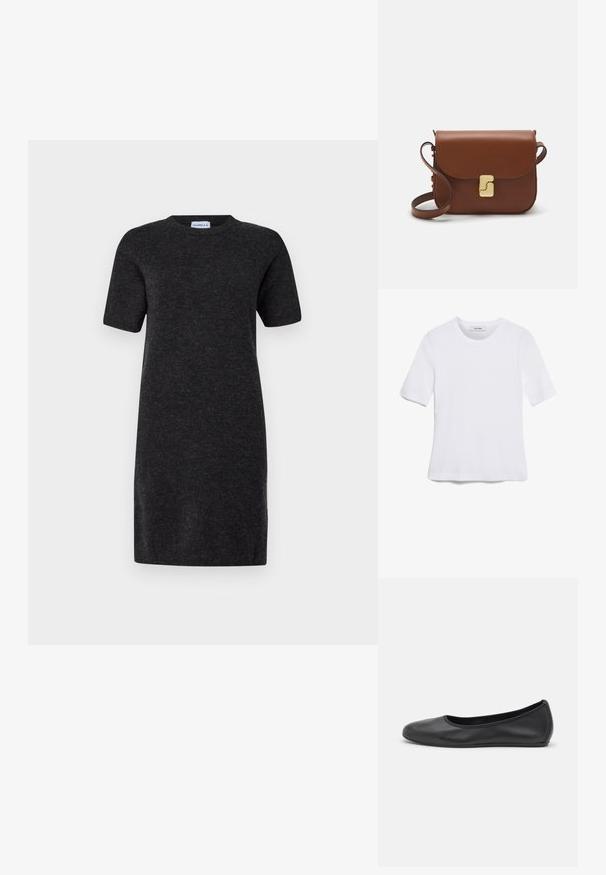 Korte mouwen, donkergrijze jurk van zacht materiaal. Eenvoudige ronde halslijn, rechte snit, knielang met minimale details.; Witte korte mouwen t-shirt van ribstof. Ronde halslijn, normale pasvorm en subtiele stiksels. Geen patronen of grafische elementen.; Zwarte leren ballerina met een ronde neus, gladde textuur, minimale stikdetails en een flexibele zoolontwerp.; Bruine leren handtas met een klep sluiting, gouden hardware, een schouderband en een gladde textuur. Compact rechthoekige vorm.