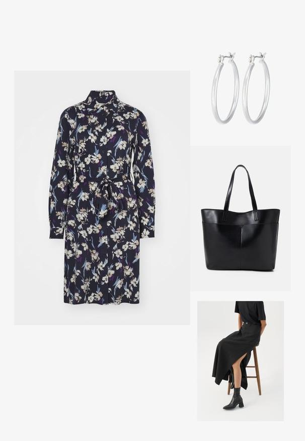 Lillelille lilledega kleit pikkade varrukatega, krae ja vöödiga. Sellel on tumesinine taust, millel on valged, lillad ja sinised lillemustrid.; Must mustriga mustri, kõrge lõhiku ja musta T-särgiga, koos mustade ankle kingadega. Minimalistlik disain, lõtv istuvus.; Must mustaga musta nahast, millel on kaks pikka kanda, sile tekstuur ja struktureeritud kuju. Esipoolsel on lisakoti jaoks tasku.; Hõbedased rõngaskõrvarõngad, millel on sile, läikiv viimistlus. Ümmargune kuju ja turvaline klõpsulatus. Kerge disain, sobib igapäevaseks kandmiseks.