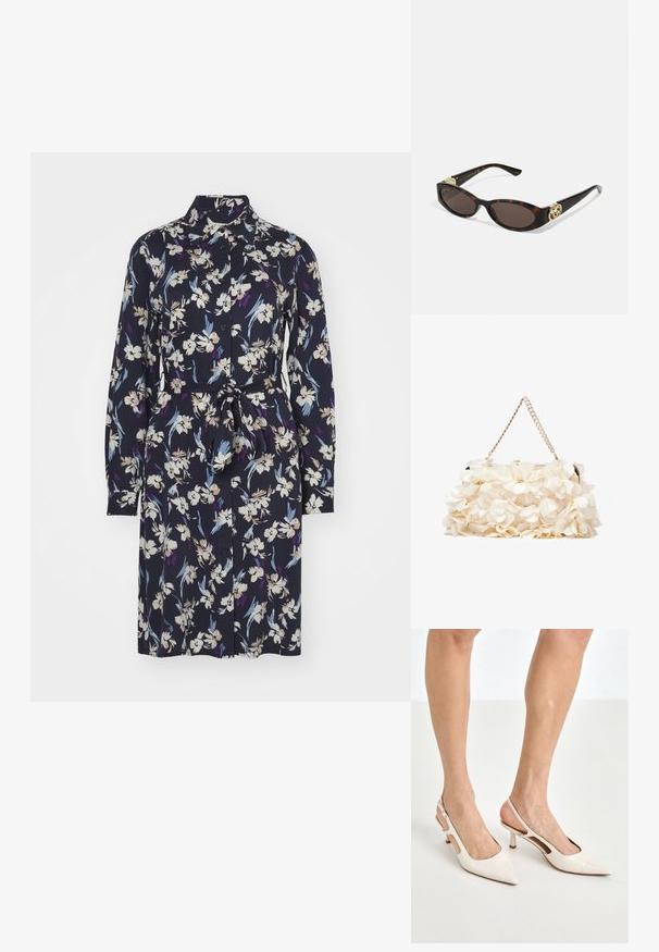 Květinové šaty s dlouhými rukávy, límečkem a opaskem v pase. Mají námořnické pozadí s bílými, fialovými a modrými květinovými vzory.; Béžové lakované lodičky na podpatku s špičatou špičkou a 5 cm podpatkem, se vykrojenými boky a tenkým kotníkovým páskem.; Brýle sluneční s kočičím vzorem, prodloužené oválné čočky, hnědý odstín, zlaté logo na spáncích a elegantní černé nožičky.; Bílá květinová kabelka s nabraným textilním povrchem, řetízkovým popruhem ve zlatém tónu a kovovým zámkem. Disponuje texturovanými okvětními lístky pro větší detail.
