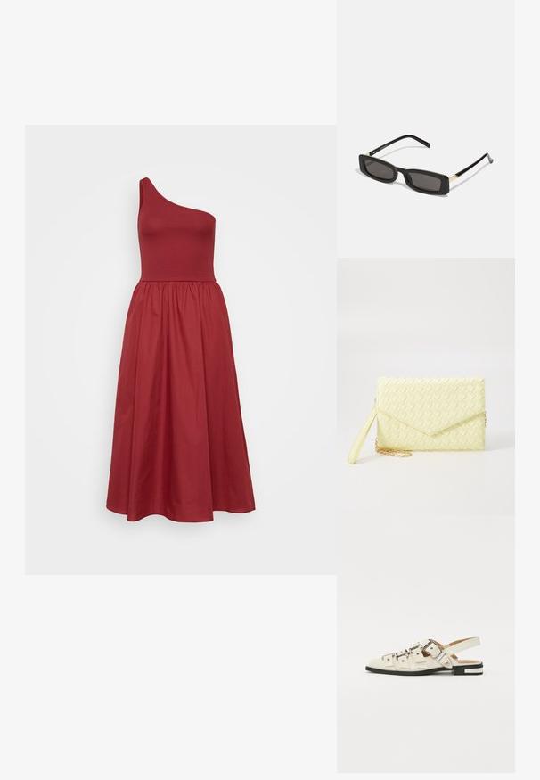Asymmetrical one-shoulder dress in rich red, fitted bodice, flared mid-length skirt, smooth fabric with subtle texture.; Slingback sandals in white leather with multiple wide straps and silver buckles; flat sole with a small black heel and metallic accents.; Black rectangular sunglasses with dark lenses, glossy plastic frames, and gold accents on the temples. Minimalist design and sleek shape.; Yellow woven clutch wallet with a flap design, a detachable wrist strap, and a gold chain accent. Smooth texture and rectangular shape.; Silver hoop earrings with a smooth, polished finish. Round shape and secure click-top closure. Lightweight design suitable for everyday wear.