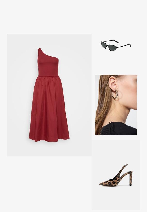 Asümmeetriline ühe õla kleit rikkalikus punases, keha lähedal istuv büst, laienev keskmise pikkusega seelik, sile kangas õrna tekstuuriga.; Leopardimustriga saadaval sanga pump kõrge kontsaga, millel on terav varvas ja läbipaistev plokktald. Valmistatud läikivast materjalist, millel on sile tekstuur.; Mustade metallik prillid nurgeliste raamidega ja tumedate objektiividega. Omavad õhukesi sirgeid käsi ja nina padjakesi, mis tagavad kindla istuvuse.; Hõbedane rõngas kõrvarõngas poleeritud viimistlusega, millel on väikesed kuldsed aktsendid ja ümmargune kuju, kantud lobus.