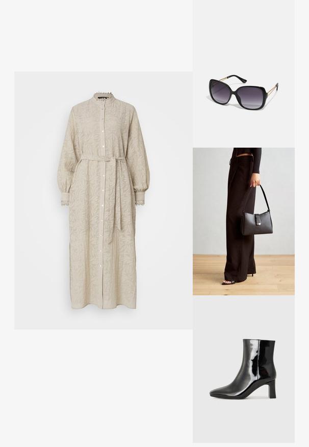 Rochie bej, cu mâneci lungi, având un model texturat de plante, cu închidere cu nasturi în față, guler înalt și o curea legată la talie. Dantelă pe marginea manșetelor.; Botine negre din piele lacuită, cu vârful ascuțit și toc bloc de înălțime medie. Textură netedă și design minimalist.; Ochelari de soare negri, supradimensionați, cu lentile degradate, rame groase și detalii cu lanț de ton auriu pe brațele templului.; Genți negre cu o formă structurată, textură netedă și un închizător metalic. Asortată cu pantaloni negri largi și sandale cu vârf deschis pe un podea din lemn.