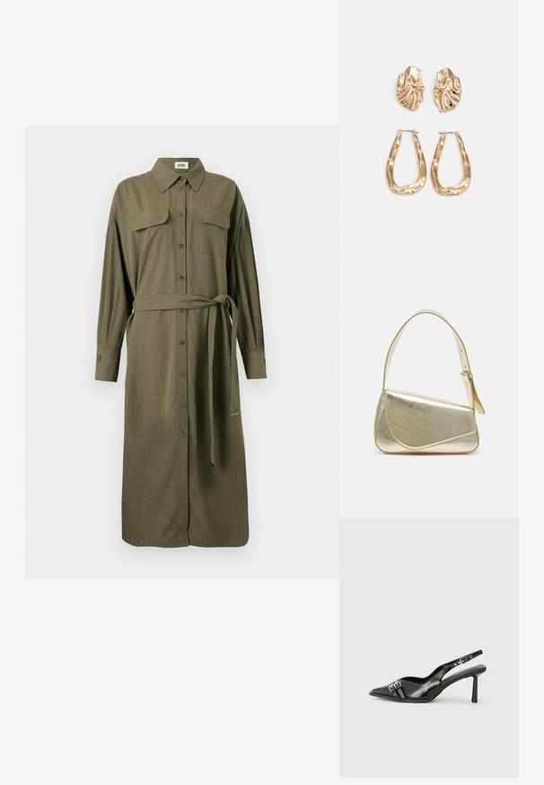 Olivengrünes Hemdkleid mit Kragen, langen Ärmeln, zwei Brusttaschen, Knopfleiste und passendem Stoffgürtel zur Anpassung.; Schwarzer Lackleder Slingback-Schuh mit spitzem Zehenbereich, Knöchelriemen mit silbernen Schnallen und Beschlägen sowie einem schlanken Absatz.; Goldfarbene metallische Handtasche mit strukturiertem Design, glatter Textur und verstellbarem Tragegurt. Sie verfügt über eine einzigartige dreieckige Form und minimalistische Nähte.; Ohrringe in Goldoptik mit strukturierten, gewellten Formen. Beinhaltet skulpturale Clip-Ohrringe und ein offenes Hoop-Design mit gehämmertem Finish.