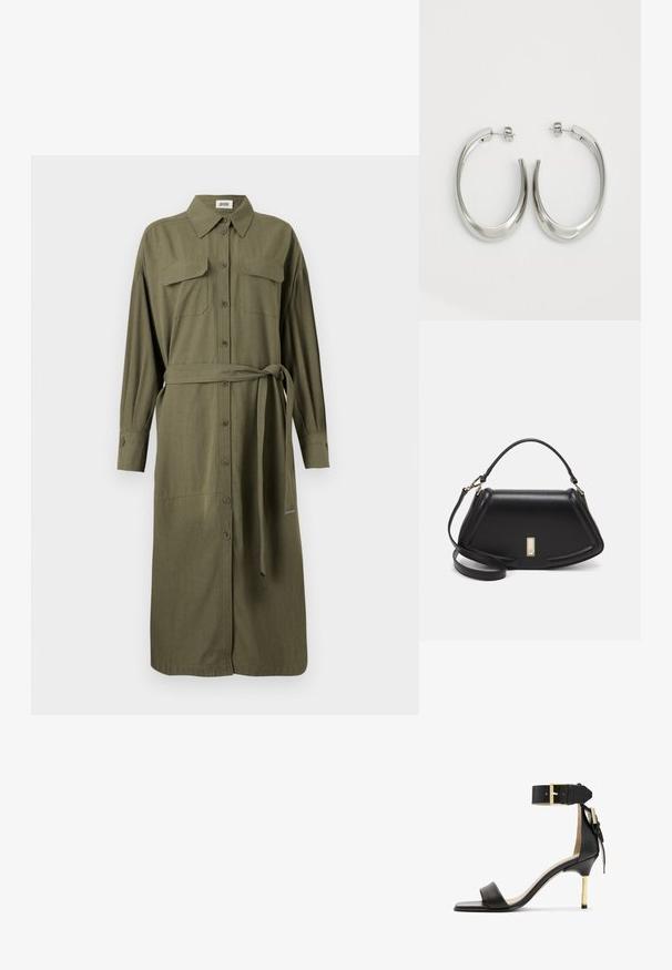 Olijfgroene shirtjurk met een kraag, lange mouwen, twee borstzakken, knoopsluiting aan de voorkant en een bijpassende stoffen riem voor aanpassing.; Zwarte leren sandalen met hak en vierkante neus, enkelband met een gouden gesp en een slanke metalen hak. Soepele textuur, minimalistisch ontwerp.; Zwarte leren handtas met een gestructureerd ontwerp, featuring een verkorte vorm, bovenhandvat en gouden hardwareaccent. Inclusief verstelbare schouderband.; Zilveren oorringen met een gladde, gebogen vorm. Voorzien van een glanzende metallic afwerking en studsluiting. Geen zichtbare patronen of accenten.