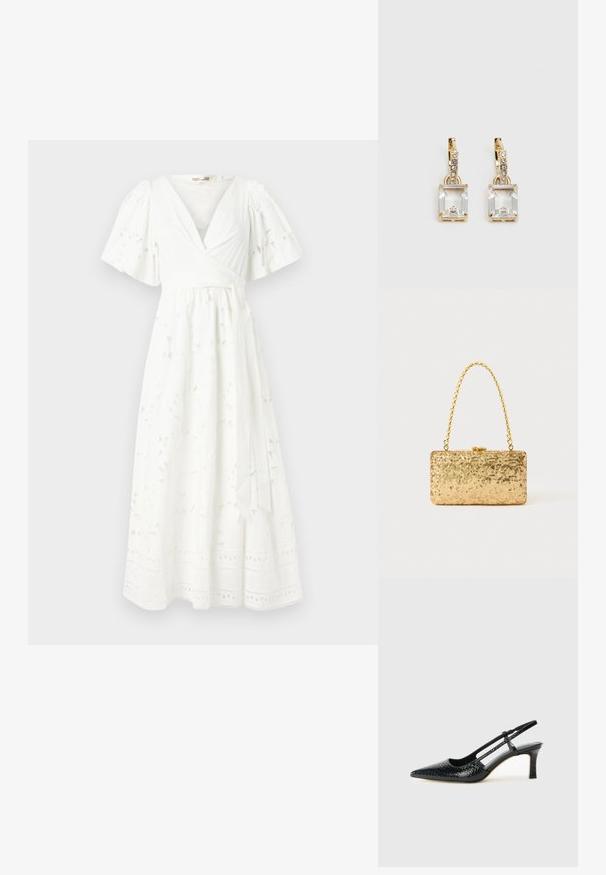 Vestido branco até ao joelho, com mangas curtas em forma de puff, padrão floral, tecido texturizado e detalhes em renda na bainha.; Salto slingback em patente preta com bico apontado, apresentando um padrão de pele de cobra texturizado, tira ajustável e um salto bloco curto e texturizado.; Clutch dourada em lantejoulas com formato retangular, apresentando uma alça de corrente torcida e um fecho de metal, refletindo a luz com um acabamento texturizado.; Brincos em tom de ouro com um cristal retangular claro pendurado abaixo de uma linha de pequenos acentos redondos claros. Design elegante e moderno.