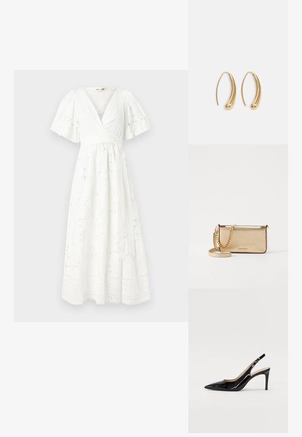 Vestido branco até ao joelho, com mangas curtas em forma de puff, padrão floral, tecido texturizado e detalhes em renda na bainha.; Sandal com salto em verniz preto, bico fino, salto esguio e um design de recorte subtil. Apresenta uma fivela dourada na alça.; Clutch de couro dourado metálico com um acabamento texturizado, apresentando uma alça de corrente dourada e uma alça de ombro removível. Logotipo da marca em relevo.; Brincos em metal dourado com forma de arco alongado e curvado. Apresentam uma superfície lisa e brilhante, com uma ponta arredondada para um detalhe adicional.