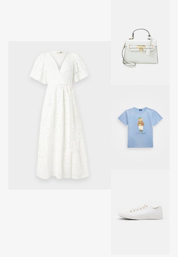 Bílé, ke kolenům sahající zavinovací šaty s krátkými nabíranými rukávy, květinovým vzorem, texturovanou tkaninou a krajkovým detailem na spodním lemu.; Polo Ralph Lauren POLO BEAR COTTON JERSEY T-SHIRT - Triko s potiskem - chambray blue; Converse CHUCK TAYLOR ALL STAR - Tenisky - vintage white/light gold; Bílá kabelka s krokodýlí texturou, zlatou kovovou bižuterií, horním uchem a odnímatelným ramenním popruhem; obsahuje zámkové zapínání a minimalistický design.