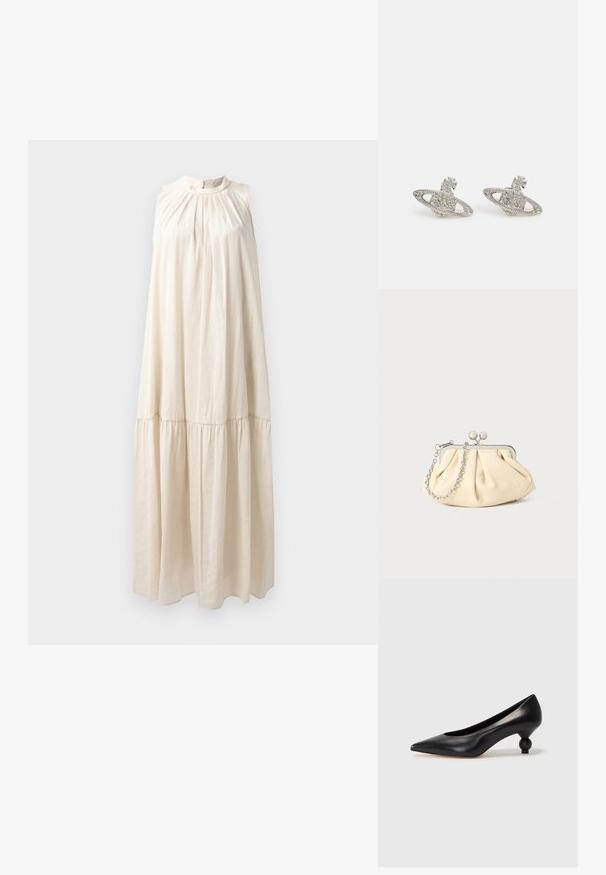 Long, sleeveless dress in light beige, featuring a high neck, gathered bodice, and tiered skirt with soft, smooth fabric texture.; Black leather high heel shoe with a pointed toe and a round, balled heel. Smooth texture with a sleek, minimal design.; Pleated beige leather clutch with a silver metal frame, featuring two round decorative clasps and a silver chain strap.; Silver earrings shaped like Saturn, featuring a textured planet with a ring, adorned with small clear crystals and a bow-shaped stud.