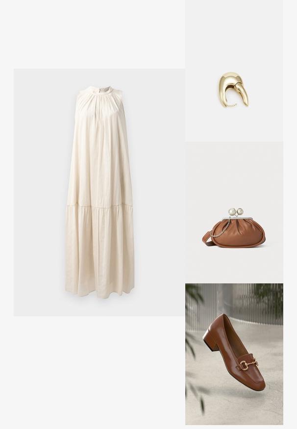 Garais bez piedurknēm kleita gaisā bežā krāsā, ar augstu kakla izgriezumu, savilktu krūšu daļu un pakāpeniski kārtotu svārku no mīksta, gluda auduma.; Brūni lakoti ādas loaferi ar kvadrātu purngalu, metālisku ķēdes akcentu un zemu blokveida papēdi; gluda tekstūra, minimālisma dizains.; Brūna ādas clutch soma ar sudraba poga aizdari un nelielu sudraba ķēdes detaļu uz baltā fona.; Zeltīti metāla auskari ar gludu, izliekta dizaina. Ar atšķirīgu smailu formu, pulētu virsmu un eņģu aizdari.