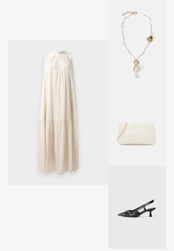 Long, sleeveless dress in light beige, featuring a high neck, gathered bodice, and tiered skirt with soft, smooth fabric texture.; Black leather slingback shoe with a pointed toe, decorative straps featuring metal eyelets, and a low block heel. Textured surface.; White textured clutch bag with a gathered design, featuring a gold chain strap. Smooth finish with subtle waves and rounded edges.; Gold-tone necklace with twisted links, white pearls, and a green stone accent. Features intricate details and a clasp for fastening.