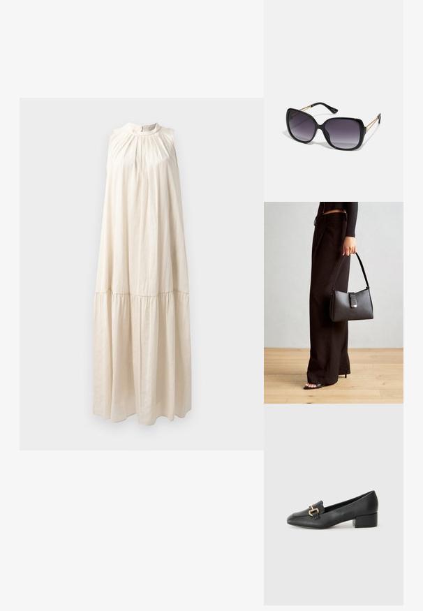 Ilga, be rankovių suknelė šviesiai smėlio spalvos, su aukštu kaklu, suskraustytu liemeniu ir kelių lygių sijonu, pagaminta iš minkštos, glotnios medžiagos.; Juodi odiniai loaferiai su plokščiu kulnu, su dekoratyvia auksine detalės priekyje ir glotnia tekstūra.; Juodos didelės saulės akinių su pereinamais objektyvais, storomis rėmeliais ir auksinės spalvos grandinėmis ant šventyklų.; Juodas rankinė struktūrizuota forma, lygi tekstūra ir metalinis užsegimas. Suporuota su plačiomis juodomis kelnėmis ir atvirais bateliais ant medinių grindų.