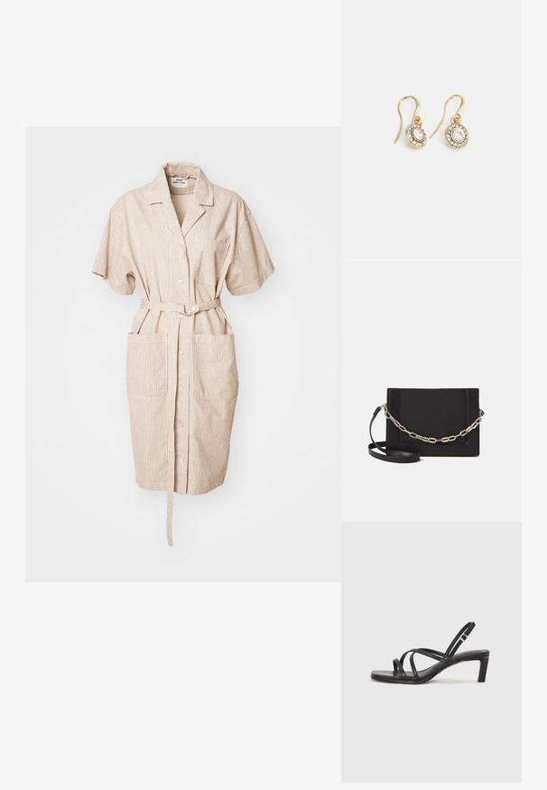 Abito a camicia a righe beige con maniche corte, apertura frontale con bottoni, vita con cintura e grandi tasche laterali. Tessuto testurizzato.; Sandalo nero con cinturini, dalla punta squadrata e tacco basso a blocco. Presenta diversi cinturini sottili e una cinturini regolabile alla caviglia. Realizzato in pelle liscia.; Borsa a tracolla nera in pelle con una texture liscia, forma rettangolare e dettaglio in catena metallica sul davanti. Inclusa una tracolla regolabile.; Orecchini color oro con cristalli trasparenti di forma ovale circondati da pietre più piccole e trasparenti, dotati di un design a gancio per una vestibilità sicura.