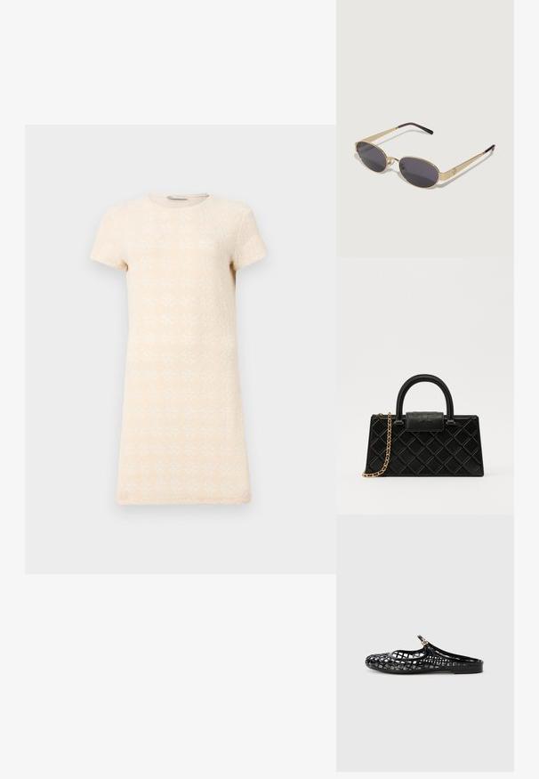 Short-sleeve dress in light beige, featuring a textured pattern of diamond shapes. Simple, straight cut with a round neckline.; Tory Burch MELLOW MARY JANE - Mules - perfect black/gold; Gold metal-framed sunglasses with oval dark lenses. Slim arms transition to purple tips. Notable logo detail on the side.; Black handbag made of textured leather, featuring a diamond pattern, gold-tone chain strap, and a top handle with a logo-embossed flap closure.
