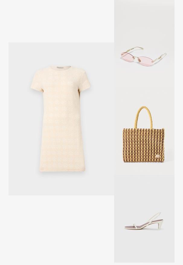 Lühikeste varrukatega kleit helesbeezis, millel on karestatud rombikujuline muster. Lihtne, sirge lõige ja ümmargune kaelus.; Valged slingback sandaalid kergelt kontsaga, õhukeste rihmade ja sileda nahatekstuuriga; sisaldavad väikest dekoratiivset pandlat.; Gucci Päikeseprillid - gold-coloured/pink; Kootud kott pruunis ja kollases, millel on ristkülikukujuline kuju, kaks käepidet ja tekstureeritud viimistlus koos nähtava õmblusega ning brändi sildiga.