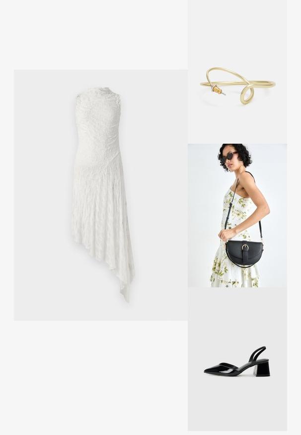 Bela čipkasta obleka z visokim ovratnikom, brez rokavov, asimetričnim robom in teksturirano zanko, ki vsebuje cvetlični vzorec.; Črne lakirane slingback pete s koničastim nosom in geometrijsko blokasto peto. Imajo eleganten, minimalističen dizajn in gladko teksturo.; Črna usnjena torbica s ukrivljeno obliko, z odstranljivo naramnico in zlatimi dodatki. Torbica ima pokrov s podrobnostmi v obliki zaponke.; Zlato obarvan kovinski zapestnica s tekočim, ukrivljenim dizajnom. Ima majhen, izstopajoč srebrn poudarek na enem koncu.