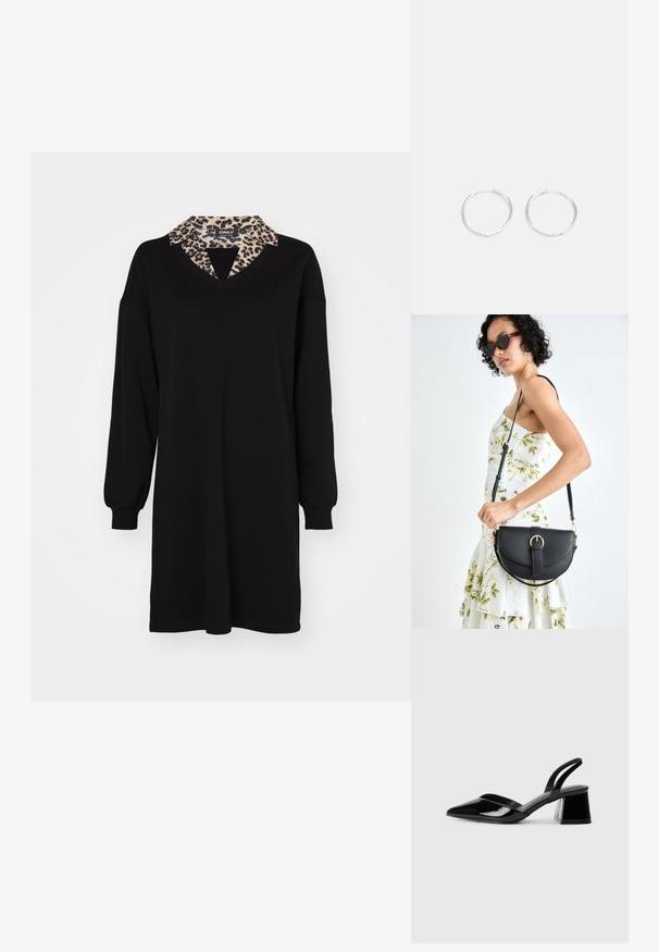 Fekete ruha hosszú ujjakkal, V nyakú, leopard mintás gallérral. Puha anyagból készült, laza fazonú és térd hosszúságú.; Fekete lakk bőr szandálkés magas sarkú cipő, hegyes orral és geometrikus tömbsarkakkal. Karcsú, minimalista dizájn és sima textúra jellemzi.; Fekete bőrtáska ívelt formával, levehető pánttal és arany színű fémrészekkel. A táskán egy csattal díszített fedél található.; Ezüst karika fülbevalók, letisztult, kerek formával, sima felülettel és látható díszítés nélkül. A átmérő nem megadott.