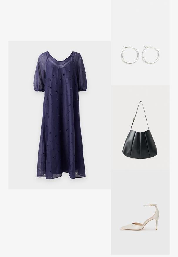 Mörkblå knä-lång klänning i genomskinligt tyg med avslappnad passform, med puffärmar och blommönster i broderi över hela.; Vit läderhögklackad sko med spetsig tå, ankelrem och en smal stilettklack. Slät textur med diskret glänsande finish.; Svart läder axelväska med veckad design, len yta, en enda rem och en diskret guldfärgad detalj.; Silver hoopörhängen har en slät, rund design med en tunn profil och säker låsning. Minimalistisk stil med en polerad yta.