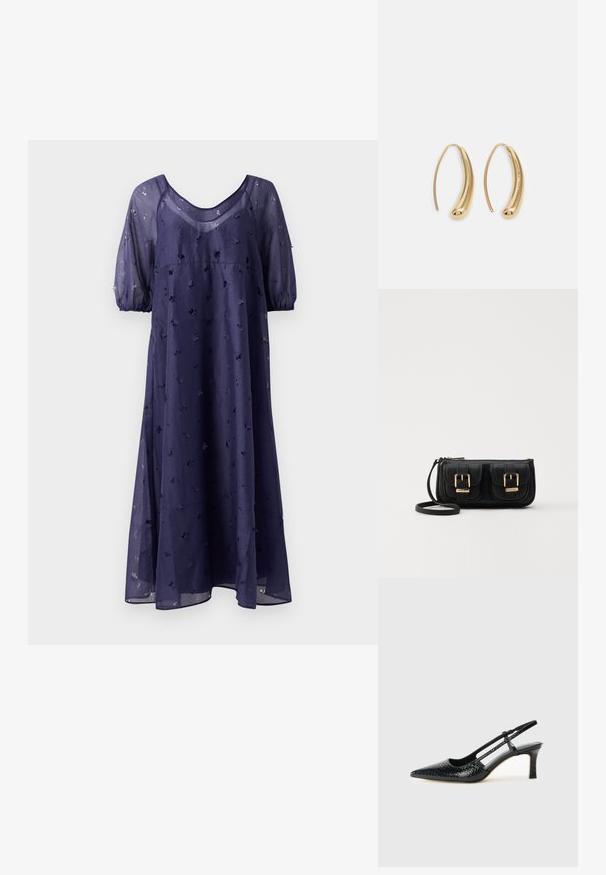 Vestido azul marinho até ao joelho feito de tecido translúcido com um corte solto, apresentando mangas bufantes e bordados florais por toda a peça.; Salto slingback em patente preta com bico apontado, apresentando um padrão de pele de cobra texturizado, tira ajustável e um salto bloco curto e texturizado.; Bolsa de ombro em couro preto com dois bolsos frontais, fivelas douradas, fecho de zíper e uma alça fina. Superfície texturizada e forma retangular compacta.; Brincos em metal dourado com forma de arco alongado e curvado. Apresentam uma superfície lisa e brilhante, com uma ponta arredondada para um detalhe adicional.