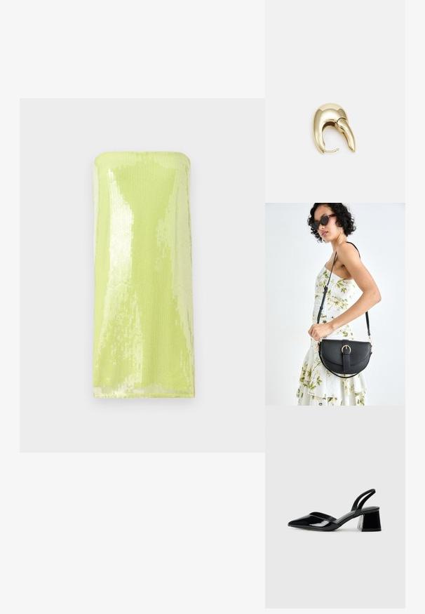 Top strălucitor, de culoare verde lime, fără bretele, acoperit cu paiete. Textură netedă, cu un design fitted, de tip tub și un decolteu drept.; Pantofi cu toc slingback din piele lacuită neagră, cu vârf ascuțit și toc geometric. Prezintă un design elegant, minimalist și o textură netedă.; Geantă din piele neagră, cu o formă curbată, curea detașabilă și accesorii aurii. Geanta are un capac cu un detaliu tip cataramă.; Cercei din metal de culoare aurie cu un design elegant și curbat. Prezintă o formă distinctivă, ascuțită, o suprafață lustruită și un sistem de închidere cu balama.