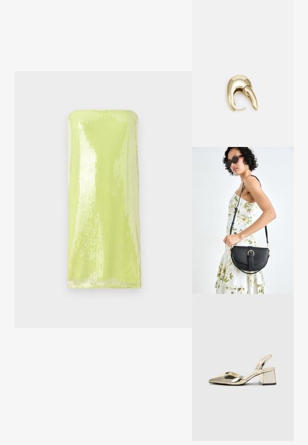 Blizgantis, šviesiai žalias be petnešų viršus, padengtas blizgučiais. Lygi tekstūra, prigludusi, vamzdžio formos dizainas ir tiesi kaklo linija.; Auksiniai, metaliniai slingback aukštakulniai bateliai su smailiu pirštu ir masyviu kulnu. Lygus paviršius, minimalizmo dizainas ir siaura juostelė.; Juodas odinis krepšys su išlenkta forma, nuimamu dirželiu ir auksiniais detalėmis. Krepšys turi kilpą su sagtimi.; Aukso tono metalinės auskarai su stilingu, kreiviu dizainu. Išsiskiria ryškiu smailiu pavidalu, poliruota paviršiumi ir užsegimu su vyriu.