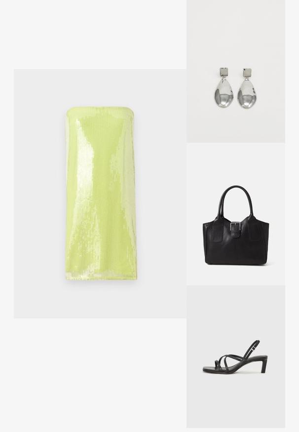 Lesklý, limetkově zelený top bez ramínek pokrytý flitry. Hladká textura s přiléhavým, trubkovým tvarem a rovním výstřihem.; Černé sandály na tenkém podpatku se čtveratou špičkou a nízkým blokovým podpatkem. Mají několik tenkých popruhů a nastavitelné zapínání okolo kotníku. Vyrobeny z hladké kůže.; Černá kožená tote taška s hladkým povrchem, strukturovaným tvarem, dvěma uchy a výrazným stříbrným detailem s přezkou na přední straně.; Stříbrné kapkové náušnice se čtvercovou například, s hladkým, lesklým povrchem a kapkovým tvarem, odrážející světlo lesklým povrchem.