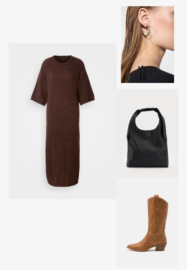 Bruine gebreide jurk met een ronde hals, korte mouwen en een rechte pasvorm, met een zachte textuur en een lengte tot halverwege het kalf.; Tan leren cowboylaars met puntige neus, geborduurde spiraalpatronen op de schacht en een gestapelde blokhak. Voorzien van een trekband voor gemakkelijke aan- en uittrekken.; Zwarte leren hobo-tas met een enkele, zachte, afgeronde handgreep; heeft een gladde textuur en een minimalistisch ontwerp. Geen zichtbare hardware of accenten.; Zilveren oorbel met een gepolijste afwerking, met kleine gouden accentdetails en een ronde vorm, gedragen op de oorlel.