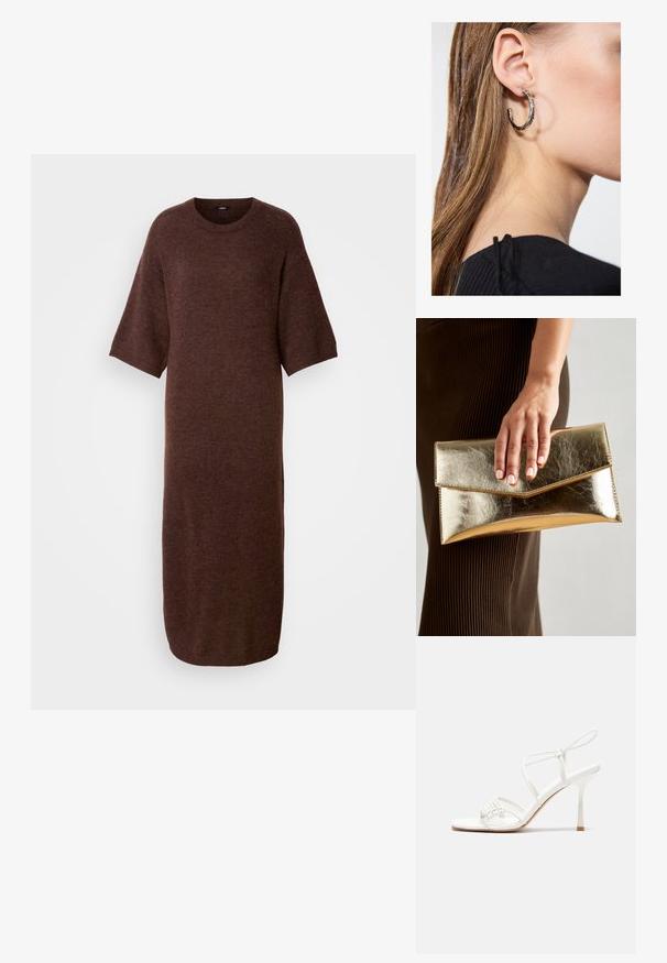 Hnedé pletené šaty s okrúhlym výstrihom, krátkymi rukávmi a rovný strih, s jemnou textúrou a dĺžkou po lýtka.; Biele sandále na vysokom podpätku so štíhlym remienkom okolo členku a plochou základňou na prsty, textúrovaný predok so zhluky akcentov.; Zlatá metalická kabelka cez plece s hladkým povrchom, ktorá má trojuholníkové uzavretie. Ruka ju drží a má starostlivo upravené nechty.; Strieborná kruhová náušnica s lesklým povrchom, obsahujúca malé zlaté akcenty a okrúhly tvar, nosená na lalôčiku ucha.