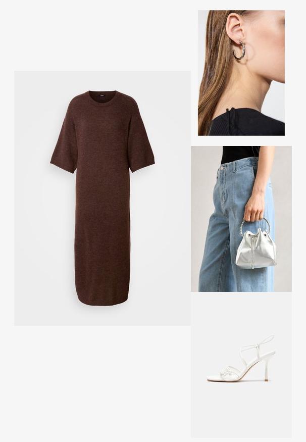 Hnědá pletená šaty s kulatým výstřihem, krátkými rukávy a rovnou siluetou, s jemnou strukturou a délkou po lýtka.; Bílé sandály na vysokém podpatku s tenkým páskem kolem kotníku, plochou špičkou, texturovaným předním dílem s nařasenými detaily.; Metalická stříbrná kabelka typu bucket s texturovaným povrchem, zdobená stříbrným kulatým úchytem a stahovací šňůrkou, držena proti světlým modrým džínům.; Stříbrný kruhový náušník s lesklým povrchem, zdobený malými zlatými akcenty, v kulatém tvaru, nošený na lalůčku.