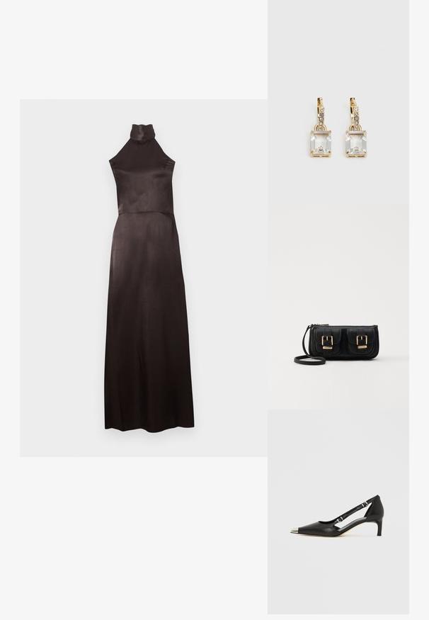 Bezrokains, augstu kaklu melns satīna kleita. Grīdas garuma dizains ar pieguļošu augšdaļu un plūstošu svārku. Minimālas detaļas.; Melns ādas kurpju pāris ar zemu papēdi, smailu sudraba purngali un diviem sprādzēm uz balta fona.; Melnas ādas crossbody soma ar divām priekšējām kabatām, zelta sprādzēm, ar rāvējslēdzēju aizdari un šauru siksnu. Strukturēta virsma un kompakta taisnstūra forma.; Zeltītas auskaru rotas, kuru centrā ir taisnstūra formas caurspīdīgs kristāls, kas karājas zem mazu, apaļu caurspīdīgu akcentu rindas. Elegants, mūsdienīgs dizains.