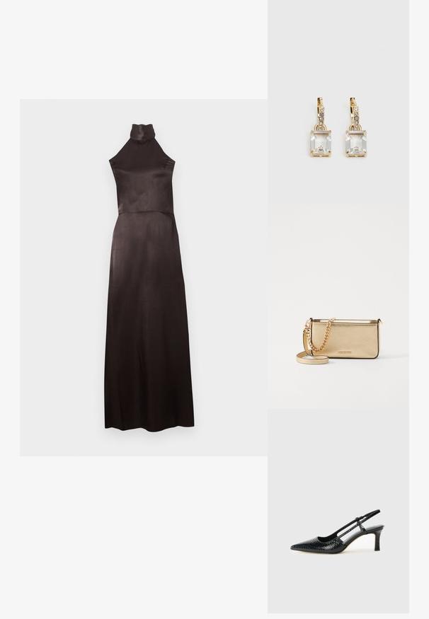 Vestido preto sem mangas, com gola alta, em cetim suave. Modelo longo até ao chão, com corpete justo e saia fluida. Detalhes mínimos.; Salto slingback em patente preta com bico apontado, apresentando um padrão de pele de cobra texturizado, tira ajustável e um salto bloco curto e texturizado.; Clutch de couro dourado metálico com um acabamento texturizado, apresentando uma alça de corrente dourada e uma alça de ombro removível. Logotipo da marca em relevo.; Brincos em tom de ouro com um cristal retangular claro pendurado abaixo de uma linha de pequenos acentos redondos claros. Design elegante e moderno.