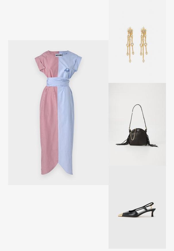 Sukienka w paski z czerwono-niebieskimi panelami, krótkimi rękawami, paskiem w talii, rozcięciem po bokach i haftowanymi detalami. Materiał wydaje się gładki i lekki.; Czarne skórzane buty slingback z wysmuklonym noskiem i złotą metalową czubkiem. Posiadają wycięcia w designie oraz smukły obcas z regulowanym paskiem.; Czarna skórzana torebka o zaokrąglonym kształcie, z frędzlami, długim paskiem na ramię oraz złotym detalem w postaci łańcuszka.; Złote kolczyki z wieloma kaskadowymi łańcuszkami, z przezroczystymi owalnymi akcentami z rhinestone'ów oraz ozdobnymi sztyftami.