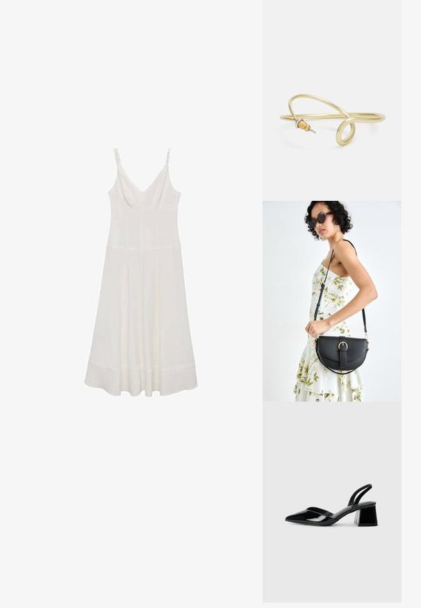 Bijela haljina bez rukava s V-izrezom, koja ima nabrane detalje na trakama i lepršavu suknju koja završava ispod koljena.; Crne lakirane kožne sandale s otvorenom petom i špicastim vrhom, s geometrijskom blok petom. Imaju elegantan, minimalistički dizajn i glatku teksturu.; Crna kožna torba s lukovitim oblikom, odvojivim remenom i zlatnim detaljima. Torba ima preklop s kopčom.; Zlatna metalna narukvica s fluidnim, zavojitim dizajnom. Sadrži mali, istaknuti srebrni akcent na jednom kraju.