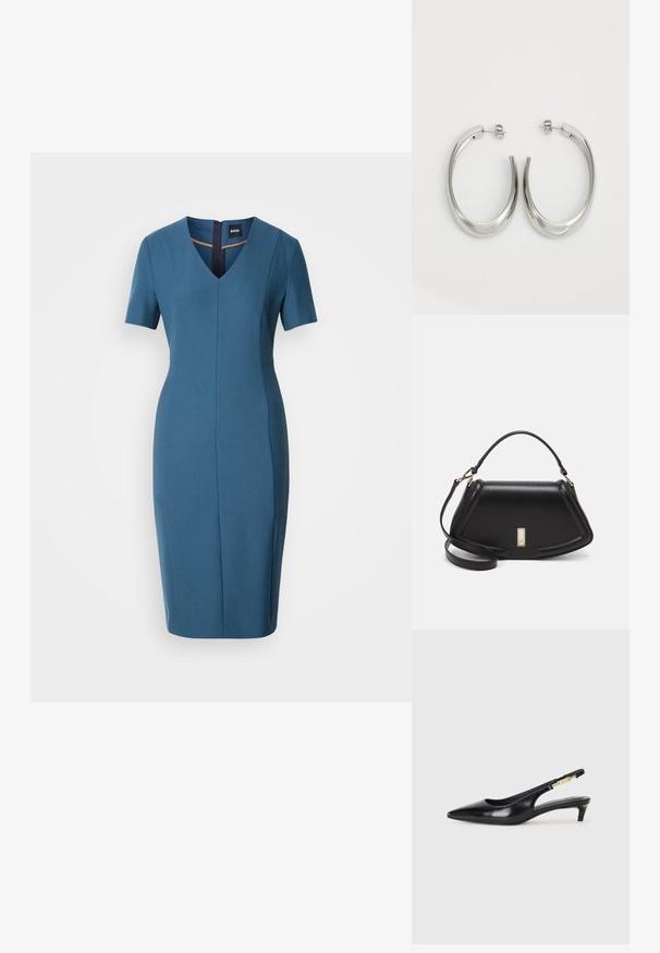 Mėlyna prigludusi suknelė trumpomis rankovėmis, V formos iškirpte ir užtrauktuku gale. Lygi tekstūra, iki kelių ilgio, su pritaikyta siluetu ir siūlų detalėmis.; Juodas odinis pavasario batelių modelis su smailiu nosiu, turintis siaurą kulniuką ir auksinės spalvos akcentu reguliuojamoje juostoje. Lygi tekstūra.; Juoda odinė rankinė su struktūrizuotu dizainu, turi trumpą formą, viršutinę rankeną ir auksinius akcentus. Pridėtas reguliuojamas peties diržas.; Sidabriniai apvalūs auskarai su lygiu, išlenktu dizainu. Yra blizgus metalinis paviršius ir smeigtukų uždarymas. Nėra matomų raštų ar akcentų.