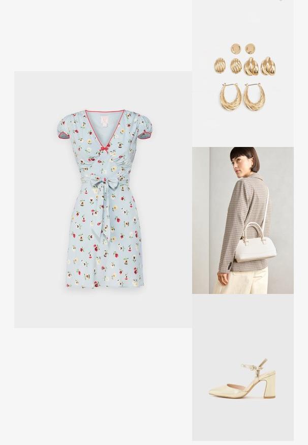 Rochie scurtă de culoare albastru deschis cu imprimeu floral, mâneci bufante, decolteu în V și margine roșie. Prezintă un detaliu cu talie legată, realizată dintr-un material neted.; Pantof metalic auriu cu toc, varf ascutit, curea pentru glezna cu un sistem de prindere circular si un design cu toc chunky. Textura neteda.; Geantă structurată albă, cu mânere scurte și curea de umăr, având accente din metal aurit și material texturat, expusă pe un fundal gri.; Set de cercei aurii, care include trei perechi: cercei ovale texturate, cercei cu design ondulat și cercei mari tip cerc cu straturi de rigle.