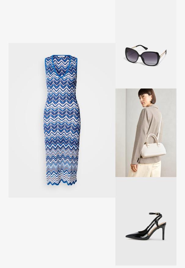 Robe en maille présentant un motif ondulé en zigzag bleu et blanc, sans manches et avec un décolleté en V plongeant, coupée à la cheville.; Escarpin en cuir verni noir à talon haut, avec un bout pointu, une bride réglable à la cheville et des côtés ouverts. Texture lisse.; Lunettes de soleil noires surdimensionnées avec des verres dégradés, monture épaisse et détails en chaîne dorée sur les branches.; Sac à main structuré blanc avec de courtes poignées et une bandoulière, doté de accents en métal doré et d'un matériau texturé, présenté sur un fond gris.