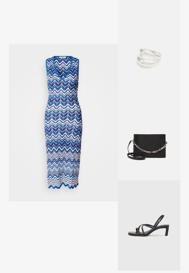 Nertinė suknelė, puošta banginiu zigzago raštu mėlyna ir balta spalvomis, be rankovių, su giliu V formos iškirpimu, ilga iki kulkšnies.; Juodi šlepetės su kvadratiniu pirštu ir žemu bloku kulnu. Yra keli ploni dirželiai ir reguliuojamas kulkšnies diržas. Pagaminti iš lygios odos.; Juodas odinis per petį nešiojamas krepšys turi lygų paviršių, stačiakampio formą ir metalinę grandinėlę priekyje. Pridedama reguliuojama dirželis.; Sidabrinis dvigubas žiedas su lygiu, poliruotu paviršiumi. Pasižymi sklandžiu, kreiptu dizainu su persipinančiomis dalimis, suteikiančiomis modernų išvaizdą.