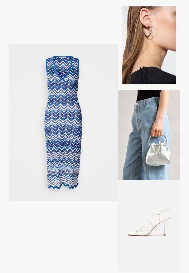 Sukienka dzianinowa z falującym wzorem w zygzaku w odcieniach niebieskiego i białego, bez rękawów, z głębokim dekoltem w kształcie litery V, długość do kostek.; Białe sandały na wysokim obcasie z paskami, z płaską bazą na palcach, teksturowanym przodem z marszczonymi akcentami oraz cienkim paskiem na kostce.; Metaliczna srebrna torba typu bucket z teksturowanym wykończeniem, ozdobiona okrągłym srebrnym uchwytem i zaciąganym zapięciem, trzymana na tle jasnoniebieskich dżinsów.; Srebrny kolczyk w kształcie koła z polerowanym wykończeniem, z małymi złotymi akcentami, noszony na płatku ucha.