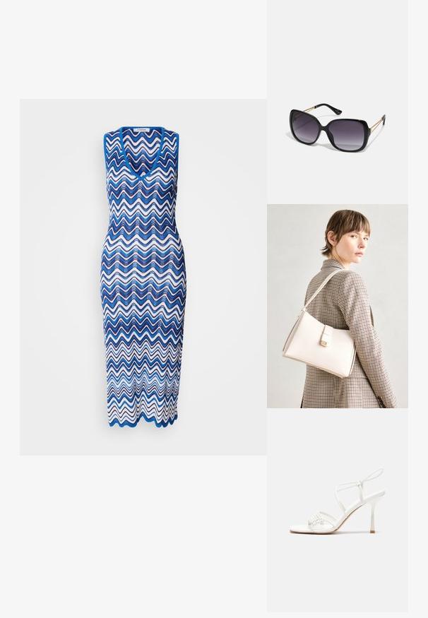Vestido de malha com um padrão ondulado em ziguezague nas cores azul e branco, com um design sem mangas e um decote em V profundo, com corte até os tornozelos.; Sandália de salto alto branca com tiras, base plana nos dedos, frente texturizada com detalhes franzidos e uma tira fina para o tornozelo.; Óculos de sol oversized pretos com lentes degradê, armações grossas e detalhes em corrente dourada nas hastes.; Bolsa de mão em couro branco com um design estruturado, apresentando um fecho magnético e uma alça de ombro, exibida sobre um fundo neutro.