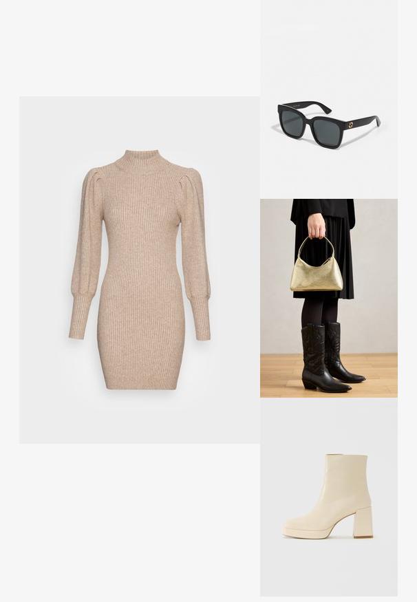 Pletené šaty v béžovej farbe s rebrovanou textúrou, vysokým golierom a vypchávanými rukávmi. Úzky strih s krátkym lemom.; Béžová kožená členková obuv s blokovým podpätkom a platformou, hladký povrch a mierne štvorcová špička, orientovaná doľava na bielom pozadí.; Čierne slnečné okuliare s obdĺžnikovými šošovkami, s lesklým povrchom a zlatými logovými akcentmi na stranoch. Tmavošedé šošovky poskytujú UV ochranu.; Zlatá textúrovaná kabelka s zakriveným tvarom a krátkou rukoväťou, ktorú drží osoba oblečená v čiernej plisovanej sukni a čiernych kožených cowboyských čižmách.