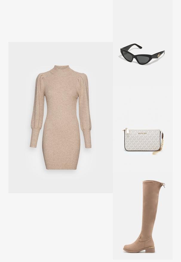 Robe en tricot beige présentant une texture côtelée, un col montant et des manches ballons. Silhouette ajustée avec un ourlet court.; Bottes en daim beige, montant jusqu'aux genoux, avec un bout arrondi, un talon carré et une discrète touche dorée sur le talon. Texture lisse avec un design ajusté.; Lunettes de soleil en œil de chat avec une monture en plastique noir mat, des verres foncés et un accent en or avec le logo sur la branche. Design angulaire et texture lisse.; Porte-monnaie Michael Kors en toile enduite beige avec un motif répété de logo MK, des accessoires en or et une bandoulière en chaîne amovible.