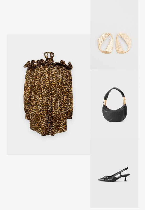 Blusa de padrão de leopardo com colarinho plissado, textura semelhante a cetim, mangas longas e fecho de laço nas costas. As cores dominantes são amarelo, preto e castanho.; Sapato slingback em couro preto com biqueira fina, tiras decorativas com ilhós de metal e um pequeno salto quadrado. Superfície texturizada.; Mala de mão em couro preto com forma redonda, textura suave e alça com nó, apresentando detalhes em metal dourado. Fecho em zíper.; Par de brincos irregulares em forma oval, feitos de metal dourado, com uma superfície texturizada e ligeiramente martelada, sobre um fundo branco.