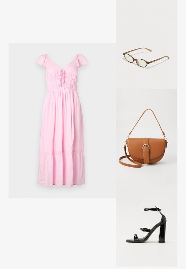 Rosa bomulls midi-kjole med korte puff-ermer, en samlet midje og et lagdelt skjørt. Har en snor i halsen for justering.; Svart høyglans sandaler med hæl, firkantet tå, ankelremmer og sølvspenner. Har en kraftig blokkhæl for stabilitet.; Brune skjellbriller med ovale linser, tynne stenger og gjennomsiktige detaljer. Har en subtil logo på stangen. Elegant, lett design.; Brun lærcrossbody-veske med en buet form, gullhardware og et spenneakcent. Har en avtakbar skulderreim.