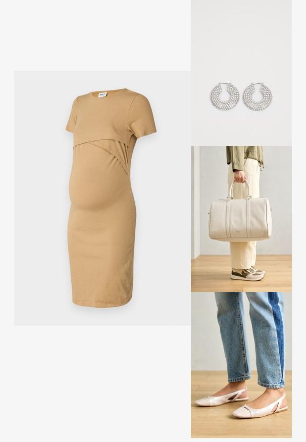 Rochie de maternitate de culoare bej, confecționată din bumbac moale. Are un decolteu rotund, mâneci scurte și un design drapat peste burtă pentru confort.; Sandalete plate de un roz pal cu vârf ascuțit, realizate dintr-un material asemănător pielii, neted. Prezintă detalii decupate pe laterale și un toc plat.; Geantă de duffel din piele albă, cu două mânere rezistente, având o textură netedă și detalii subtile ale logo-ului, ținută de o persoană îmbrăcată în pantaloni deschiși.; Cercei din argint cu inel, decorati cu multiple stratificari de cristale transparente, având o suprafață texturată și un design circular deschis.