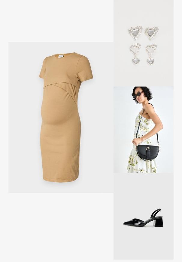 Rochie de maternitate de culoare bej, confecționată din bumbac moale. Are un decolteu rotund, mâneci scurte și un design drapat peste burtă pentru confort.; Pantofi cu toc slingback din piele lacuită neagră, cu vârf ascuțit și toc geometric. Prezintă un design elegant, minimalist și o textură netedă.; Geantă din piele neagră, cu o formă curbată, curea detașabilă și accesorii aurii. Geanta are un capac cu un detaliu tip cataramă.; Cerceii în formă de inimă argintie sunt decorați cu pietre clare fațetate, având un cadru texturat. Setul include stiluri cu buton și cu pandantiv.