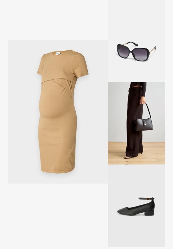 Haljina za trudnice u bež boji, izrađena od mekanog pamuka. Ima okrugli izrez, kratke rukave i drapiran dizajn preko trbuha za udobnost.; Crne kožne pumpe s oštrim vrhom i niskom blok petom. Sadrže remen oko gležnja s zlatnim kopčanjem. Glatka tekstura.; Crne prevelike sunčane naočale s gradijentnim lećama, debelim okvirom i zlatnim lancem kao detaljem na krakovima.; Crna torba s oblikom koji sadrži strukturu, glađu teksturu i metalnu kopču. Uparena s širokim crnim hlačama i sandalama na otvorenom s drvenog poda.