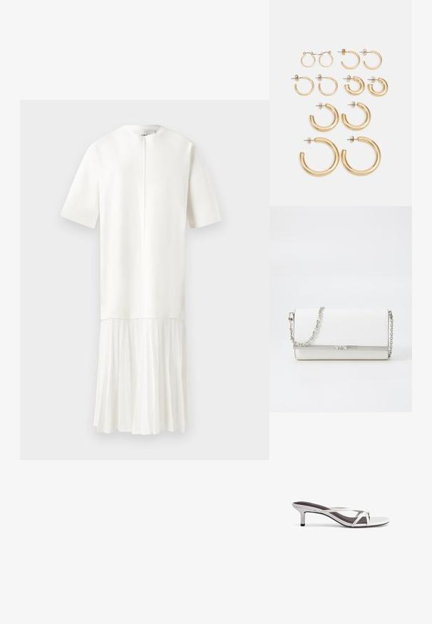 Balts kleita ar īsām piedurknēm, apaļu izgriezumu un teksturētu augšdaļu. Apakšējā daļa ir ar krokām un izgatavota no mīkstas, plūstošas auduma.; Sudraba zābaci ar krustu siksnu dizainu, gludu tekstūru un smailu purngali. Papēdis ir aptuveni divus collas augsts.; MICHAEL Michael Kors MONA - Soma ar siksnu pāri ķermenim - optic white; Zelta apliķva auskari, kas piedāvā dažādu izmēru un dizainu, tostarp mazus, vidējus un lielus stilus, ar gludu metāla apdari.