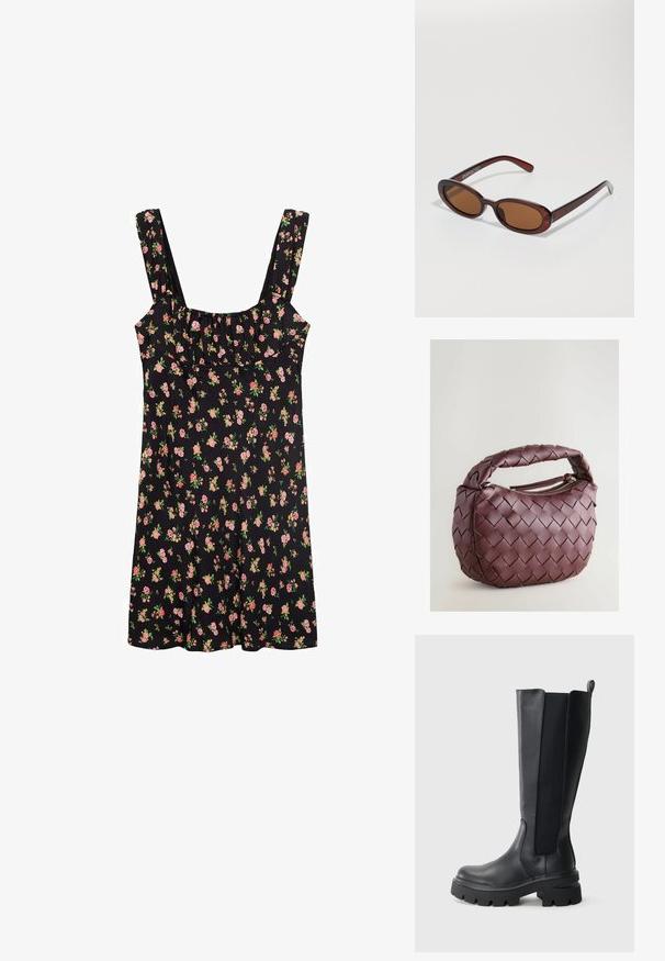 Schwarzes ärmelloses Kleid mit einem quadratischen Ausschnitt, das ein florales Muster in Rosa und Grün aufweist. Weicher Stoff mit einer lässigen Passform und gerafften Details.; Schwarze kniehohe Stiefel mit einem glatten Lederoberteil und kontrastierenden elastischen seitlichen Einsätzen. Chunky Gummisohle mit ausgeprägtem Profil.; Runde, braun getönte Sonnenbrillen mit einem glänzenden burgunderfarbenen Rahmen. Schlanke Bügel mit dezentem Branding. Flaches Linsendesign.; Geflochtene burgunderfarbene Lederhandtasche mit runder Form, dickem Griff und Reißverschlussöffnung. Sie zeichnet sich durch eine glatte Textur und ein geflochtenes Muster aus.