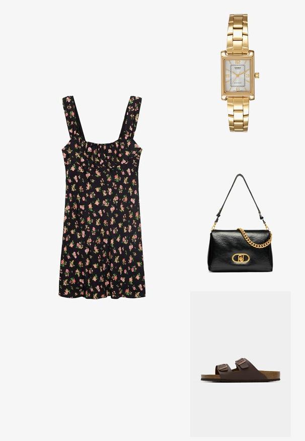 Rochie neagră fără mâneci, cu decolteu pătrat, având un model floral în nuanțe de roz și verde. Țesătură moale, cu o croială lejeră și detalii pliate.; Sandale plate maro, cu două curele ajustabile. Fabricate dintr-un material neted, cu o talpă din plută și o talpă din cauciuc texturat.; Geantă de umăr din piele neagră cu textură plisată, accent de lanț aurit și o clapetă aurie proeminentă cu un logo oval. Rucsă ajustabilă.; Ceas de mână rectangular cu nuanță aurie, cu un cadran alb, marcaje argintii pentru ore și o brățară din linkuri metalice durabile. Include caracteristica de rezistență la apă.