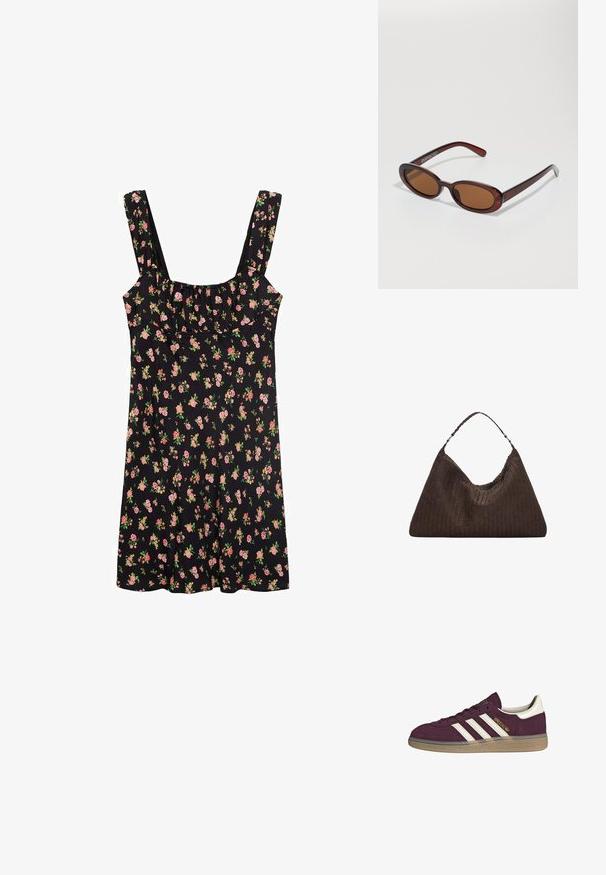 Schwarzes ärmelloses Kleid mit einem quadratischen Ausschnitt, das ein florales Muster in Rosa und Grün aufweist. Weicher Stoff mit einer lässigen Passform und gerafften Details.; Bordeauxfarbene Wildledersneaker mit weißen drei Streifen und beigen Akzenten. Verfügt über eine strukturierte Gummisohle und goldene Markenlogo auf der Seite.; Runde, braun getönte Sonnenbrillen mit einem glänzenden burgunderfarbenen Rahmen. Schlanke Bügel mit dezentem Branding. Flaches Linsendesign.; Braune, geflochtene Lederhandtasche mit einer lässigen, dreieckigen Form. Verfügt über einen geflochtenen Griff und einen Reißverschluss an der Oberseite.